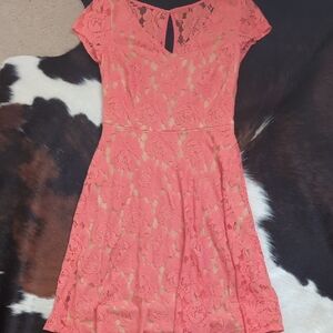 Pink Orange Peach Coral Lace Midi Dress